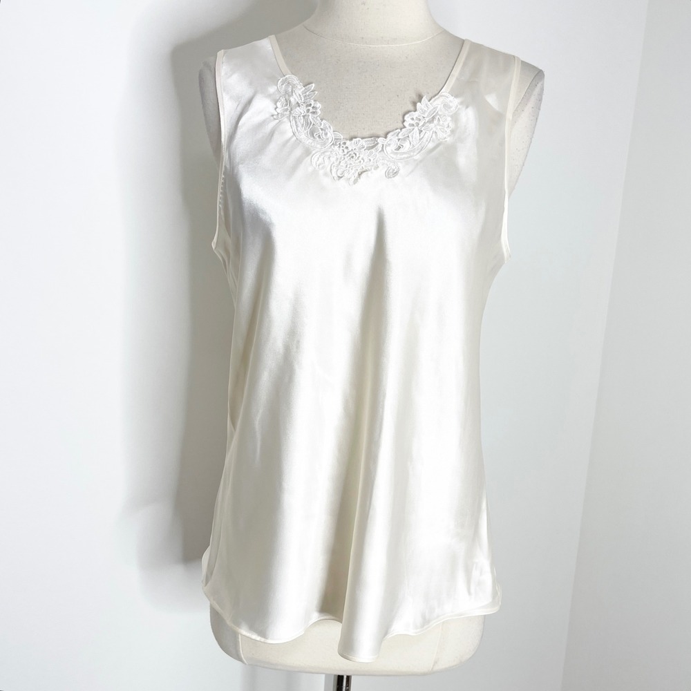 Secret Treasures Ivory Satin Sleep Tank Top Lace Neck Large Vintage 90s Glam